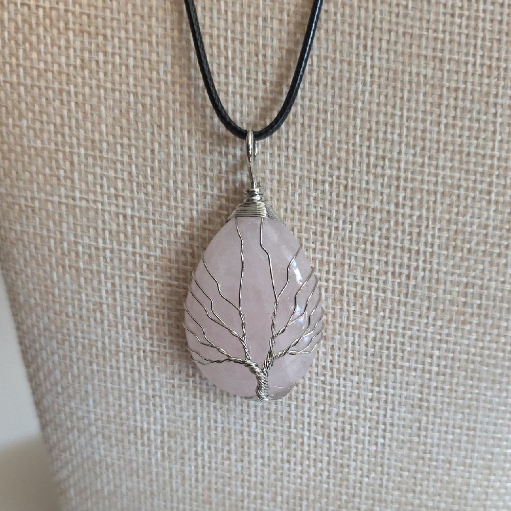 Rose Quartz Silver Tree of Life Pendant Necklace NWT